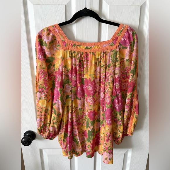 LC Lauren Conrad Sz L Boho Bright Floral Peasant Blouse Balloon Sleeve Top - Picture 3 of 5